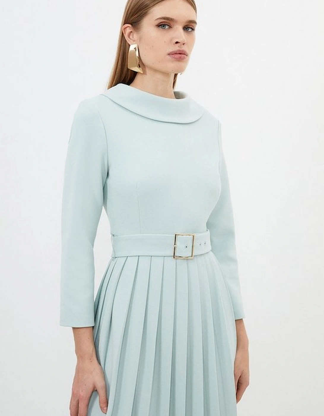 Tailored Structured Crepe Roll Neck Pleated Midi Dress