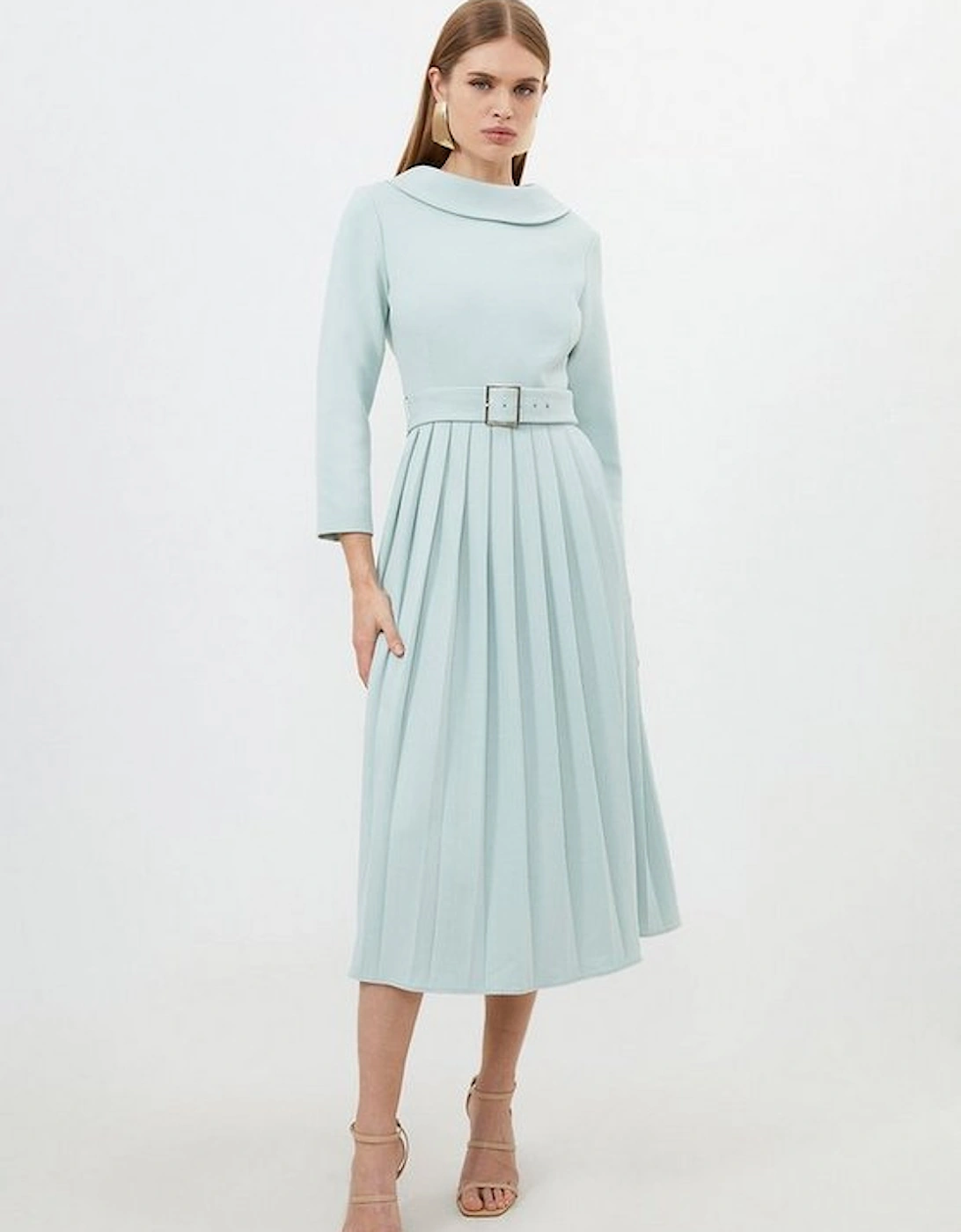 Tailored Structured Crepe Roll Neck Pleated Midi Dress, 5 of 4