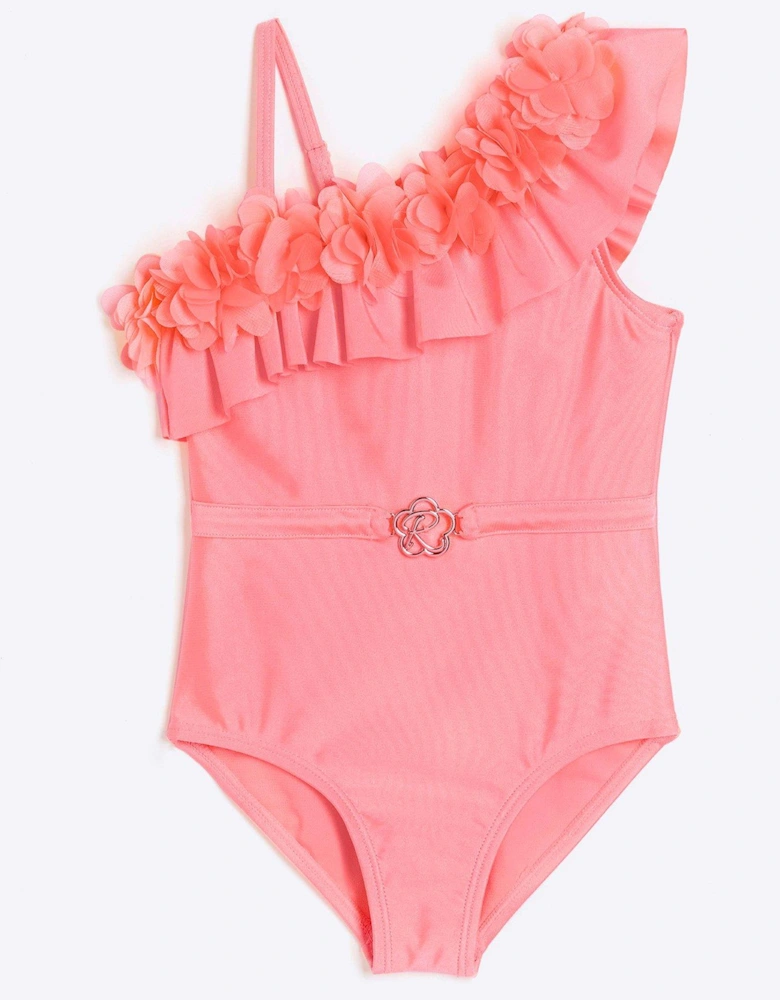 Mini Girls Flower Asymmetric Swimsuit - Pink