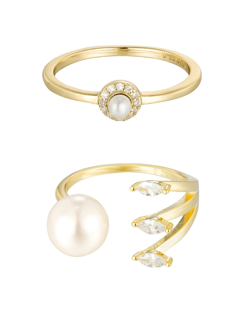 18ct Gold Plated Sterling Silver Pearl and CZ Stacking Ring Set