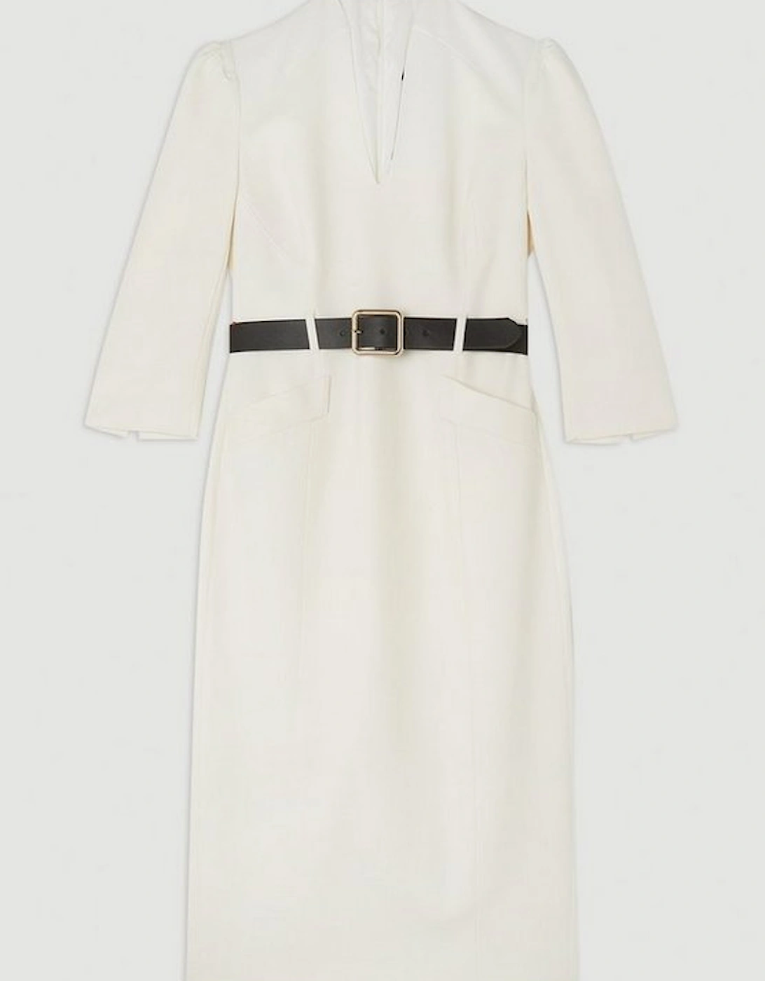 Tailored Structured Crepe High Neck Belted Pencil Dress