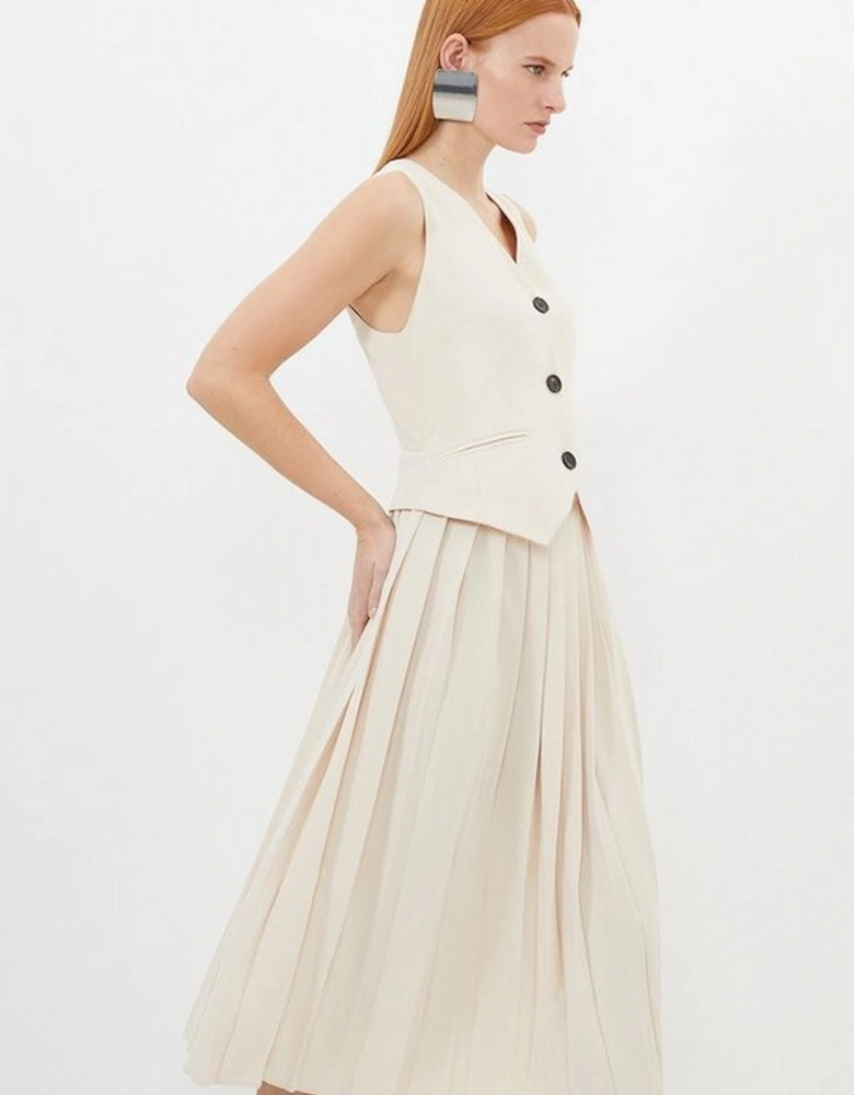 Tailored Crepe Pleated Skirt Waistcoat Midi Dress