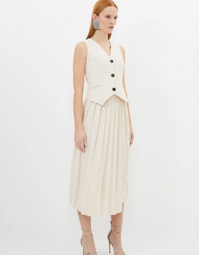 Tailored Crepe Pleated Skirt Waistcoat Midi Dress