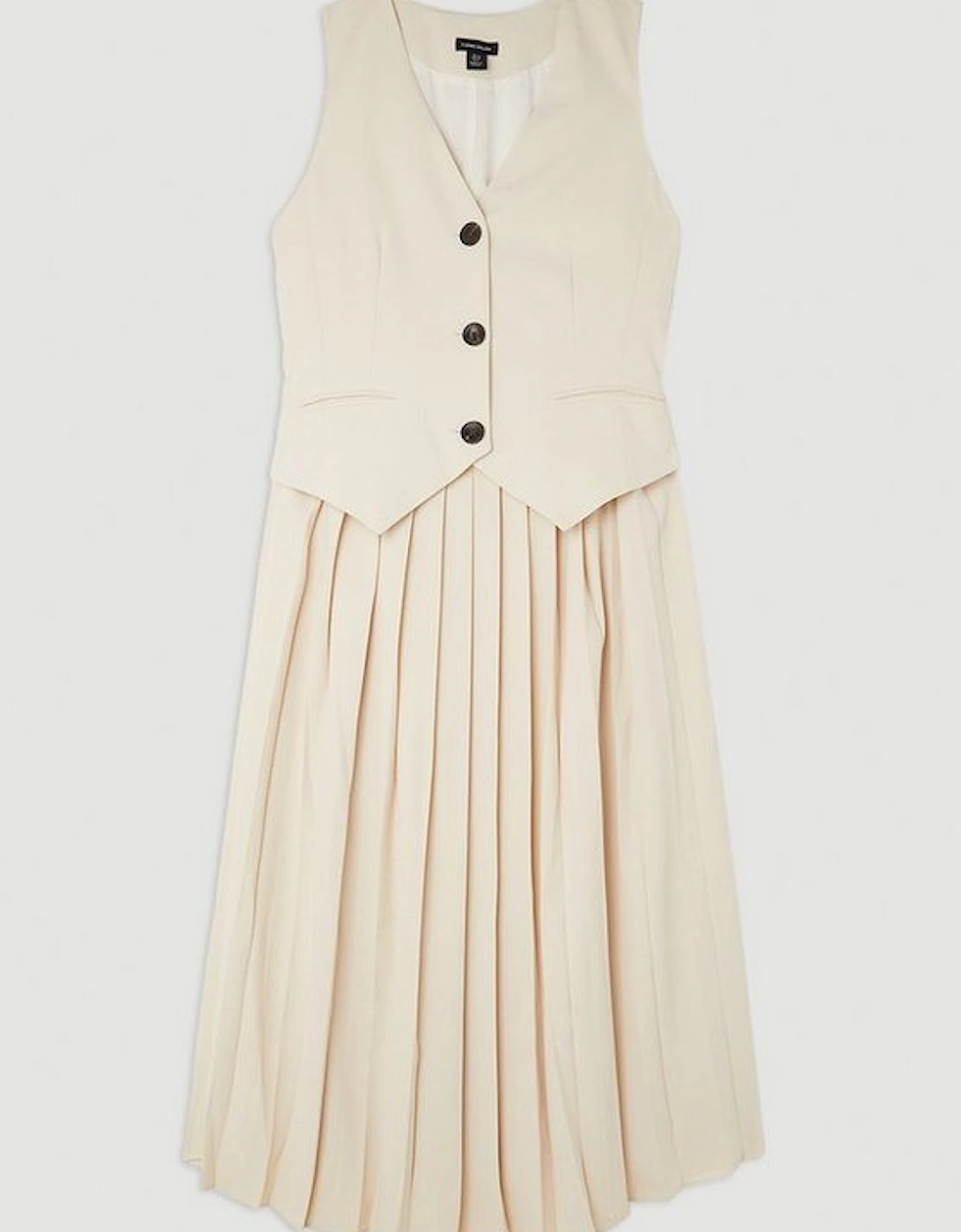 Tailored Crepe Pleated Skirt Waistcoat Midi Dress