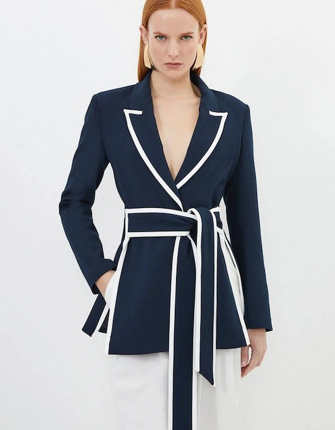 Compact Stretch Tailored Belted Tipped Detail Blazer