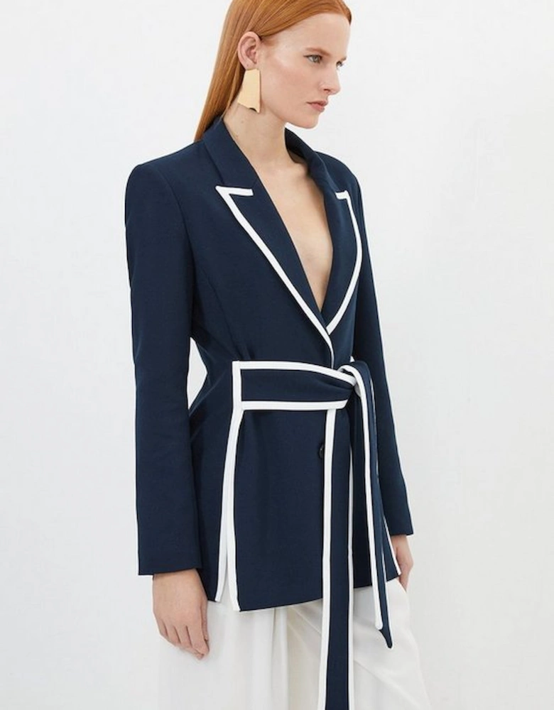 Compact Stretch Tailored Belted Tipped Detail Blazer