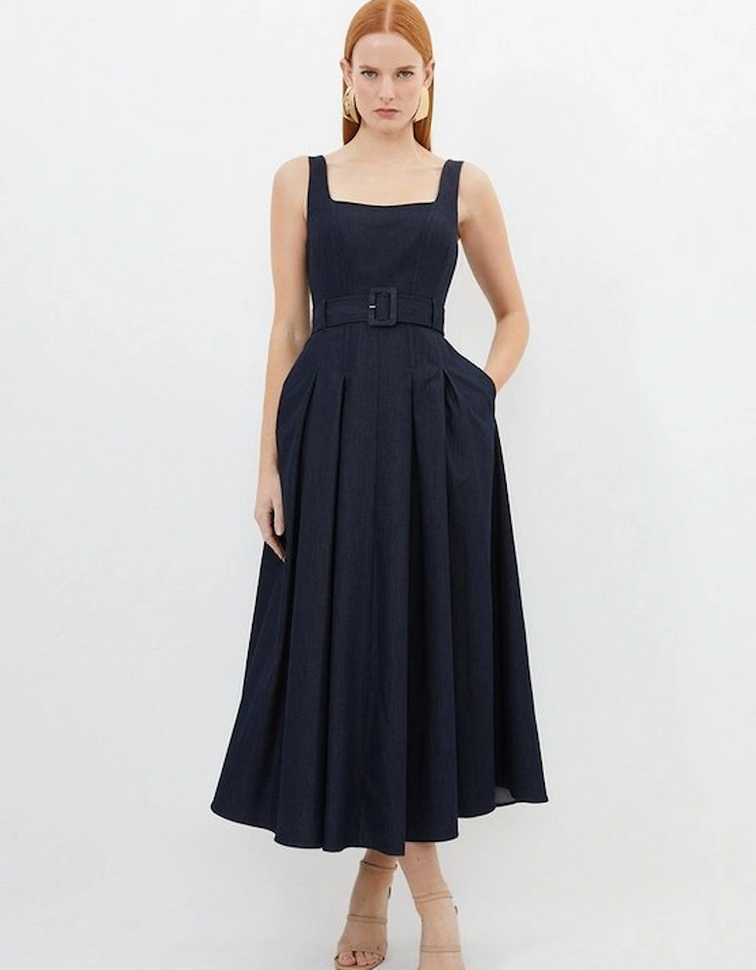 Tailored Denim Belted Full Skirted Tailored Midaxi Dress, 5 of 4