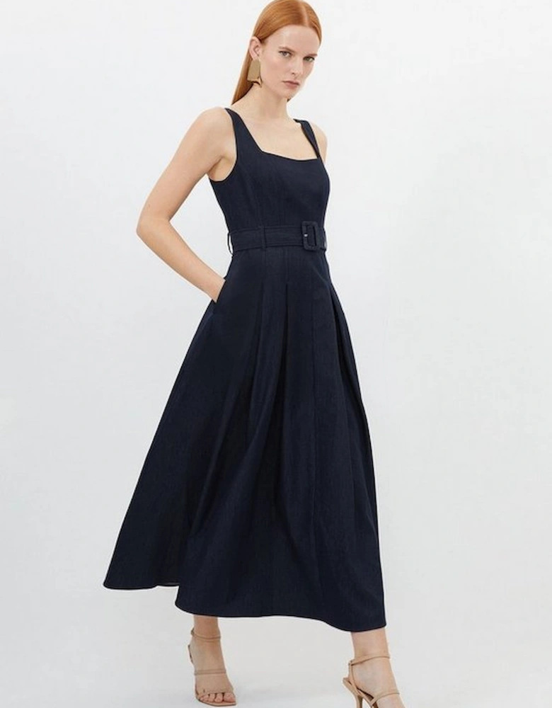 Tailored Denim Belted Full Skirted Tailored Midaxi Dress