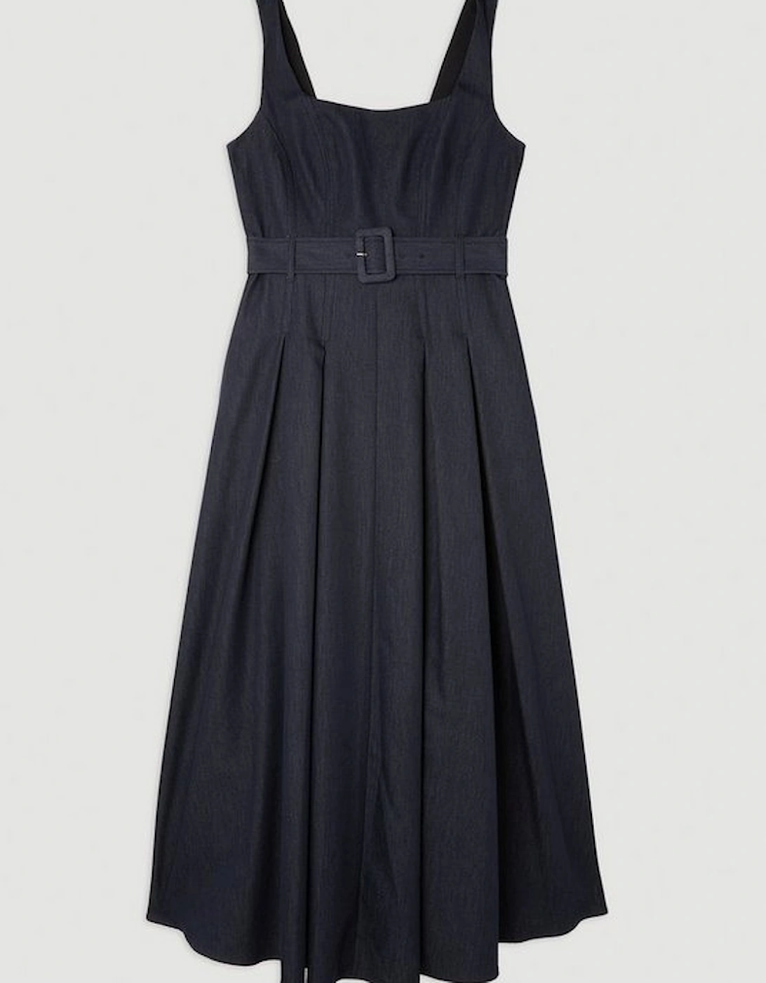 Tailored Denim Belted Full Skirted Tailored Midaxi Dress