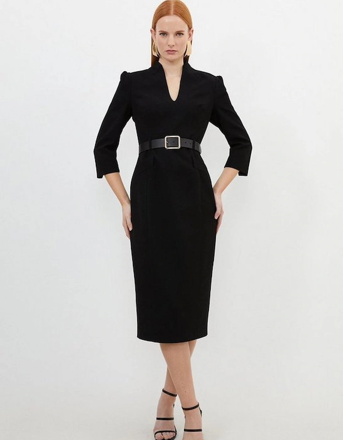 Tailored Structured Crepe High Neck Belted Pencil Dress, 5 of 4