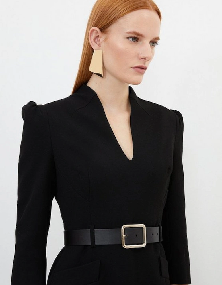 Tailored Structured Crepe High Neck Belted Pencil Dress