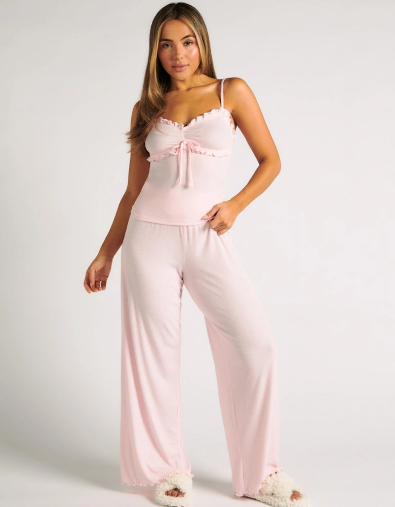 Ribbed Frill Cami & Pant Pyjama Set - Pink