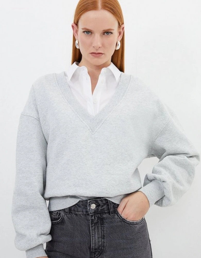Cotton Fleece Jersey V Neck Sweatshirt