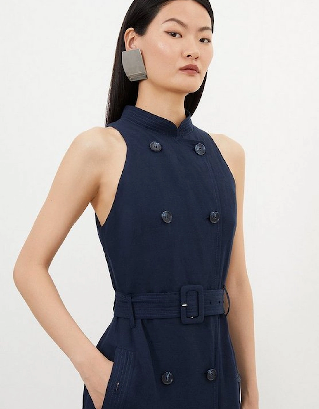 Petite Premium Tailored Linen Double Breasted Belted Dress