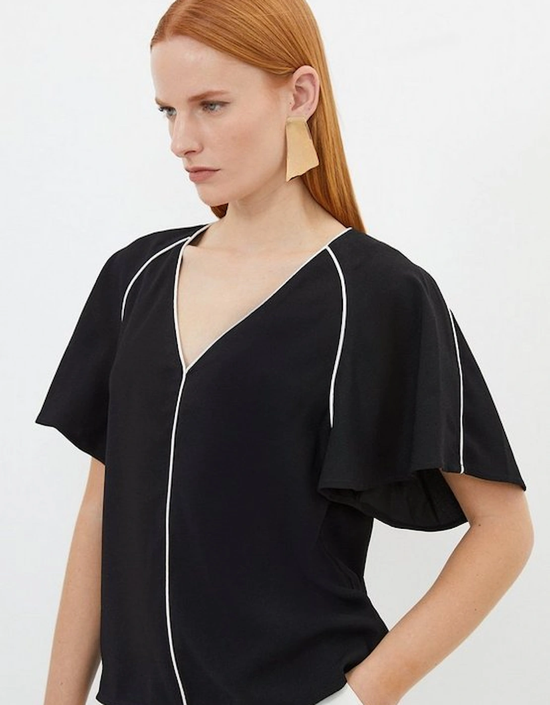 Contrast Piping Satin Back Crepe Woven Batwing Sleeve Blouse
