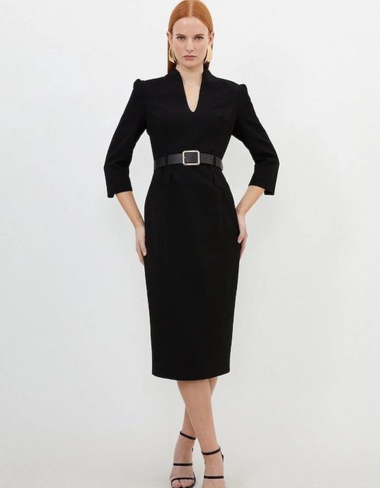 Petite Tailored Structured Crepe Belted Pencil Dress