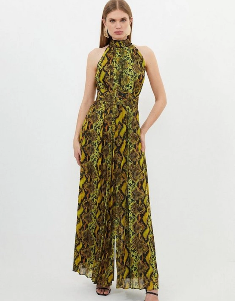 Snake Print Georgette Woven Halter Pleated Jumpsuit