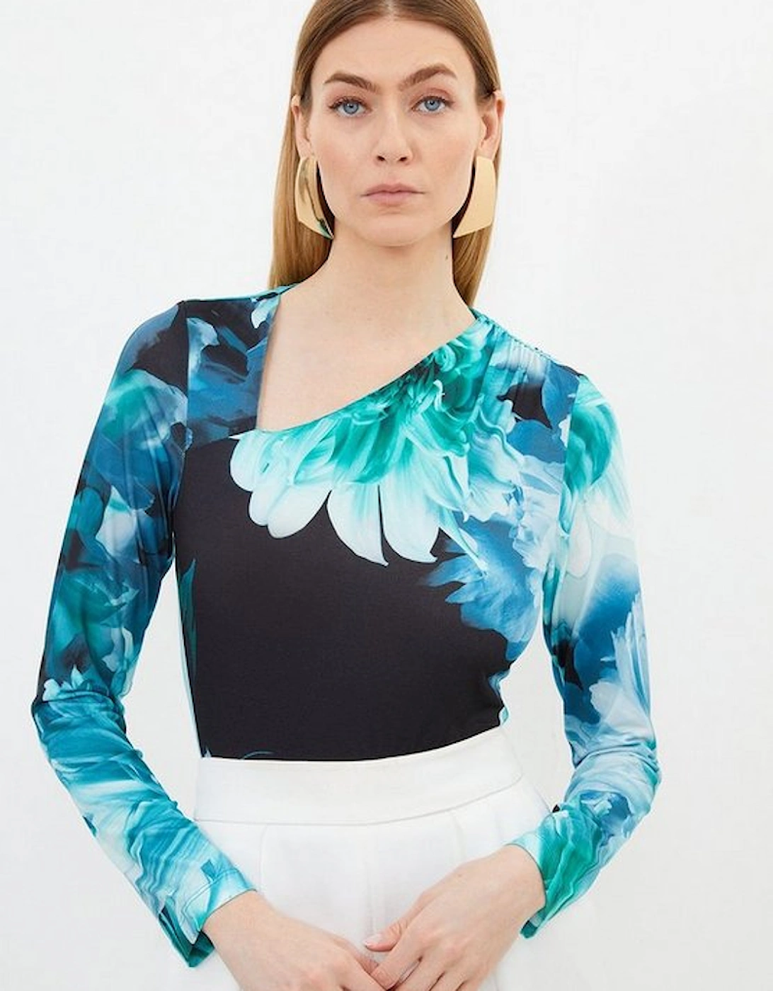 Photographic Floral Asymmetrical Jersey Bodysuit, 5 of 4