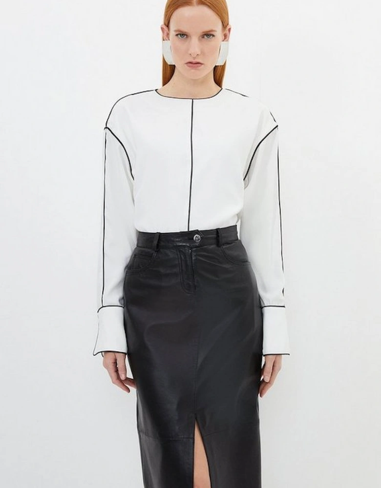 Contrast Piping Satin Back Crepe Woven Blouse