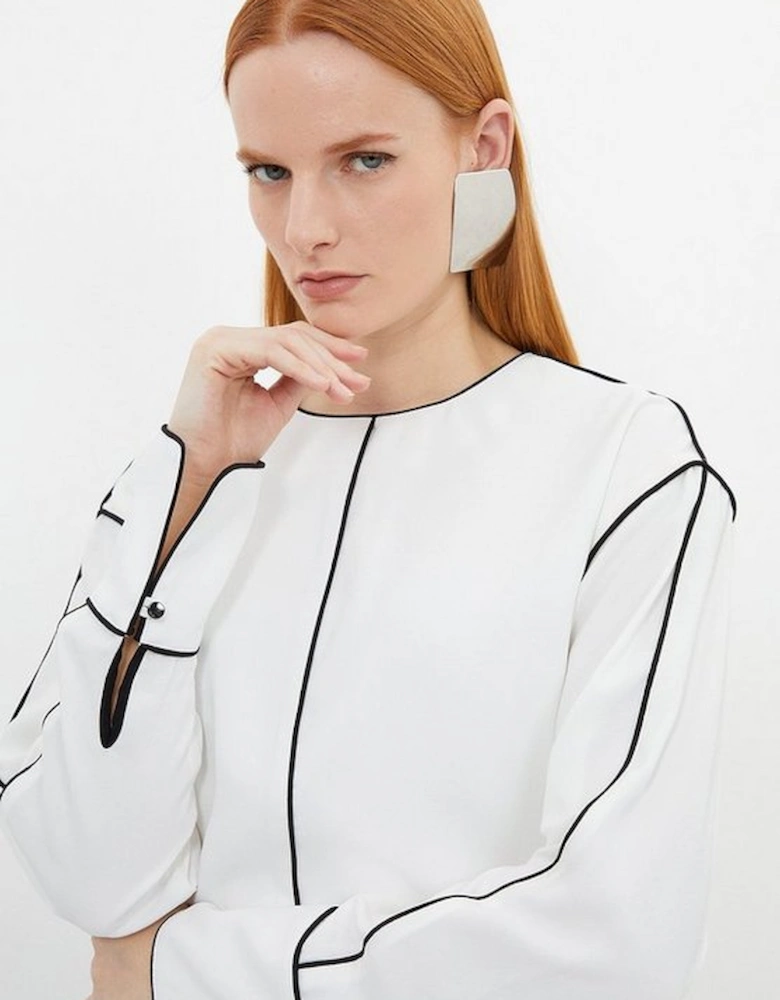 Contrast Piping Satin Back Crepe Woven Blouse
