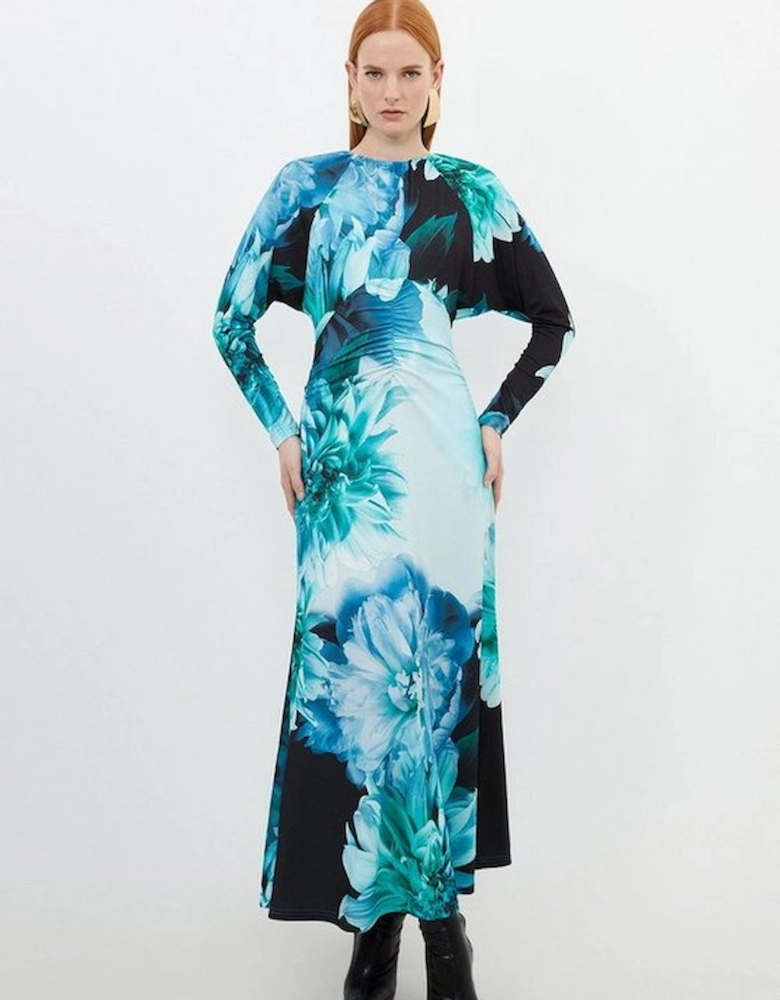 Photographic Floral Jersey Batwing Sleeve Maxi Dress