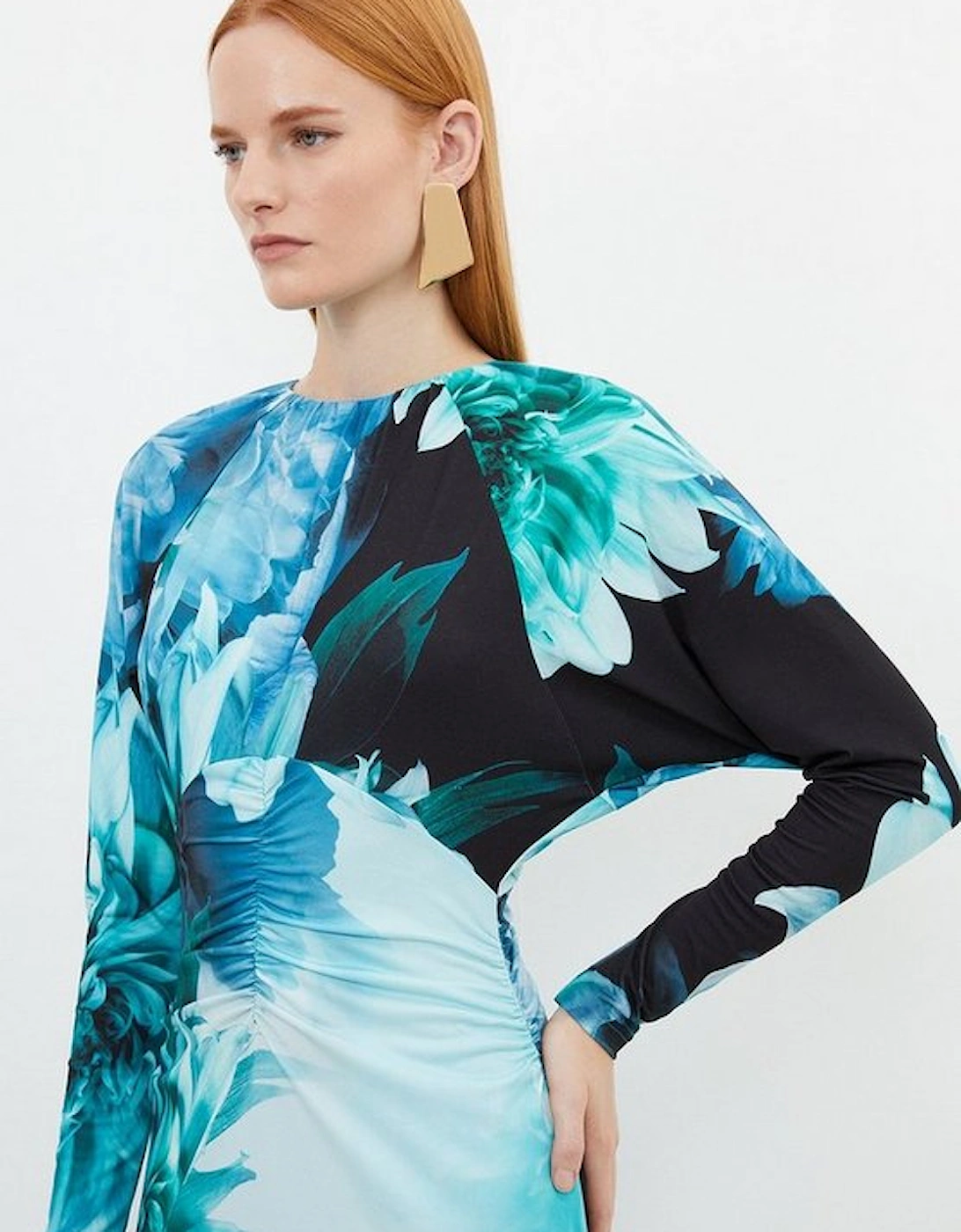 Photographic Floral Jersey Batwing Sleeve Maxi Dress