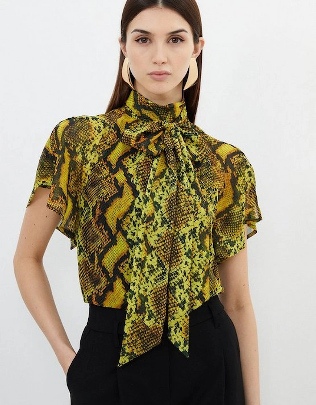 Snake Print Georgette Woven Tie Neck Ruffle Blouse, 5 of 4