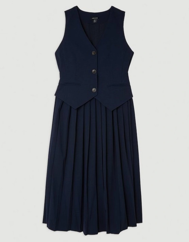 Tailored Crepe Pleated Skirt Waistcoat Midi Dress