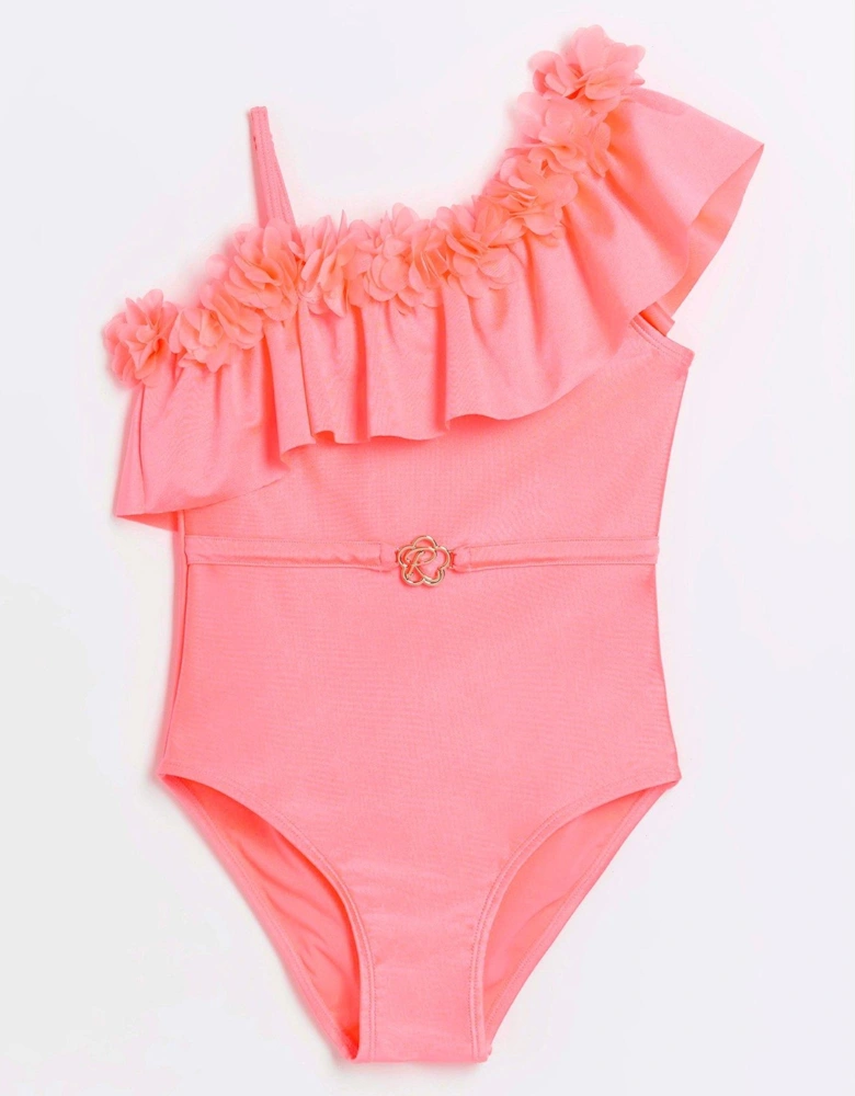 Girls Flower Asymmetric Swimsuit - Pink