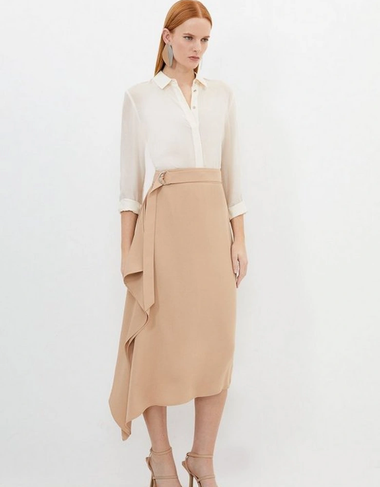 Soft Tailored Belted Draped Midi Skirt