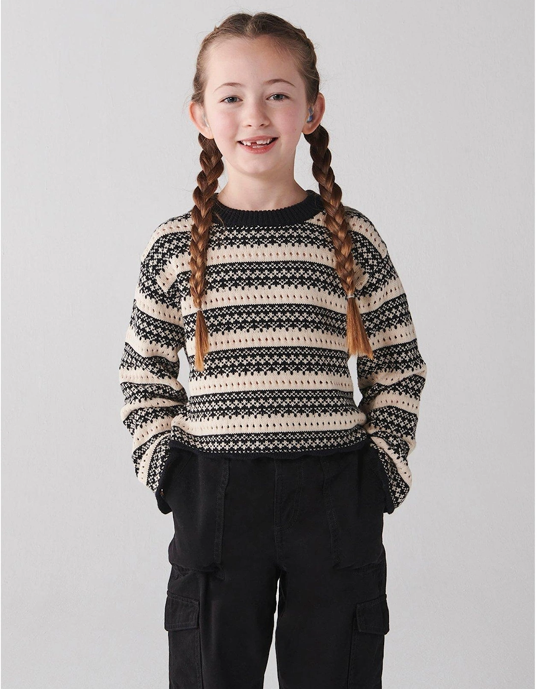 Girls Stripe Knitted Crop Jumper - Beige, 6 of 5
