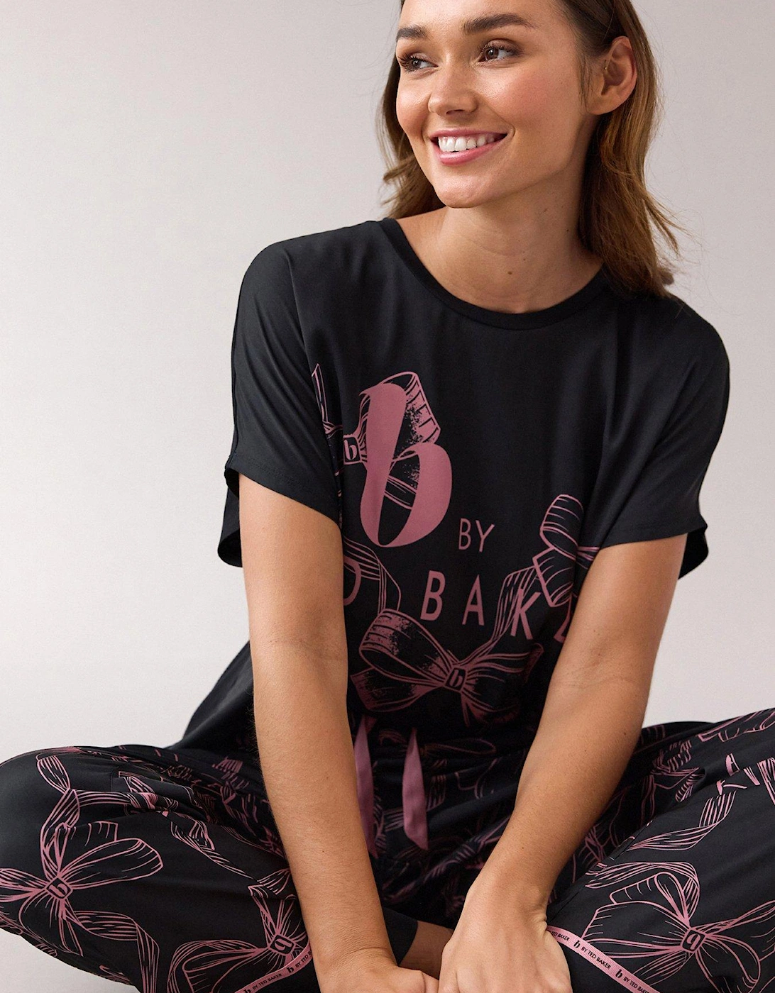 B By Baker Bow Printed Jersey PJ Set - Black & Pink, 6 of 5