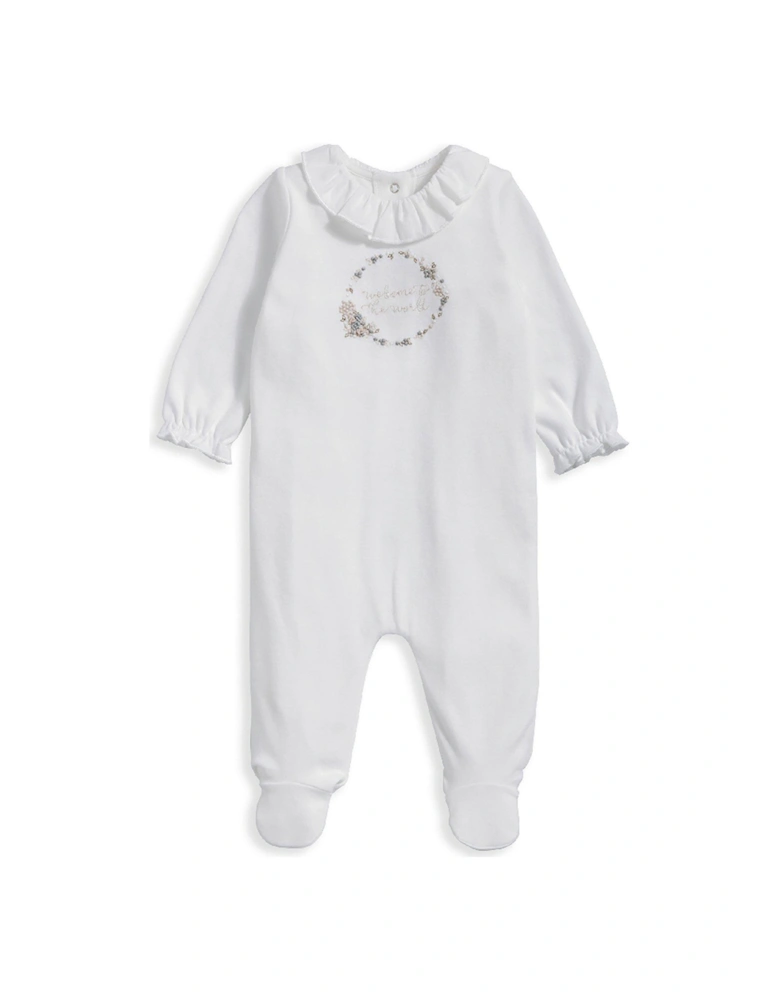 Baby Girls Welcome To The World Embroidered Sleepsuit - White
