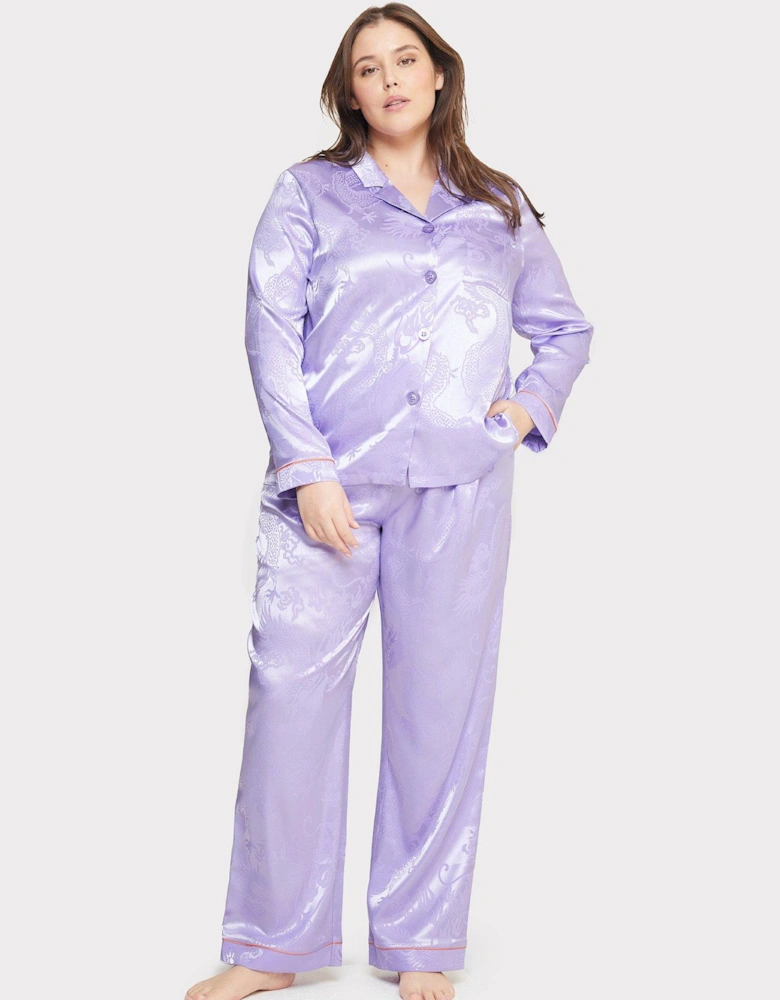 Curve Satin Printed Button Up Pyjama Set - Lilac