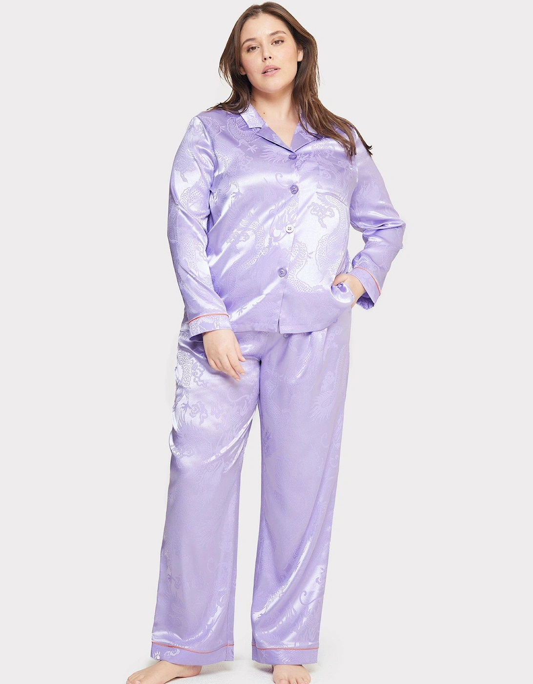 Curve Satin Printed Button Up Pyjama Set - Lilac, 2 of 1