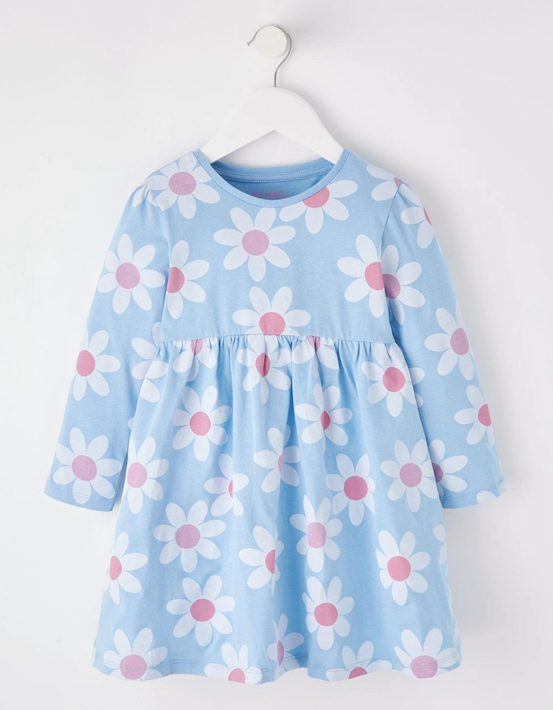 Girls Long Sleeve Flower Print Jersey Dress - Blue