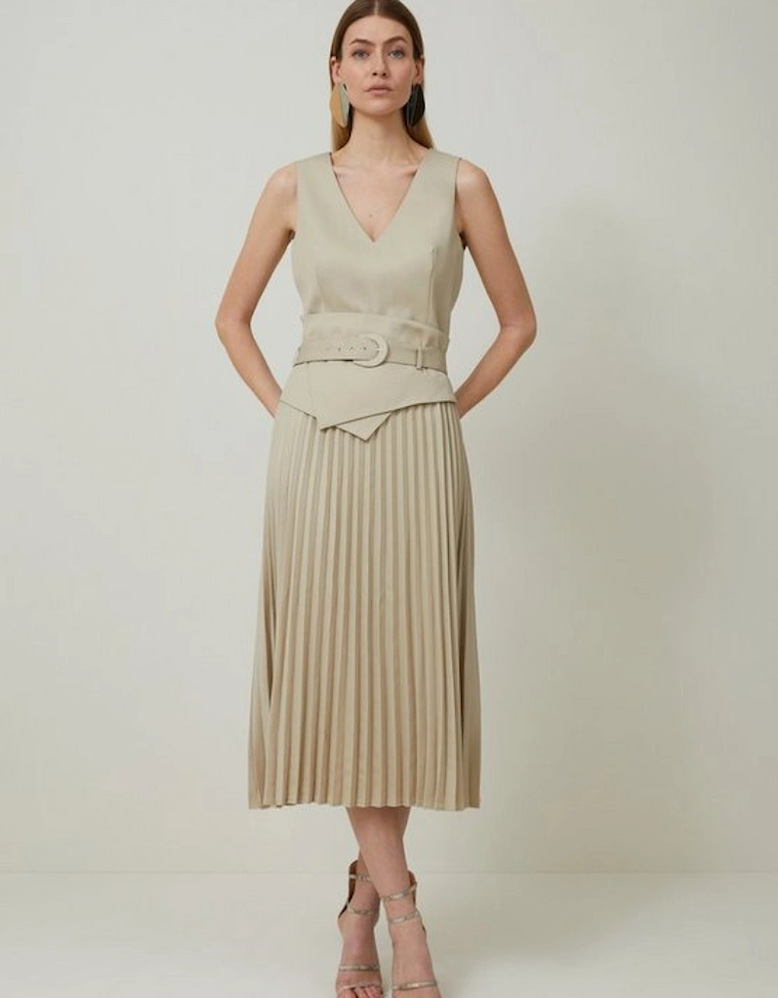 Tailored Wool Blend Belted Pleat Detail Midi Dress, 5 of 4