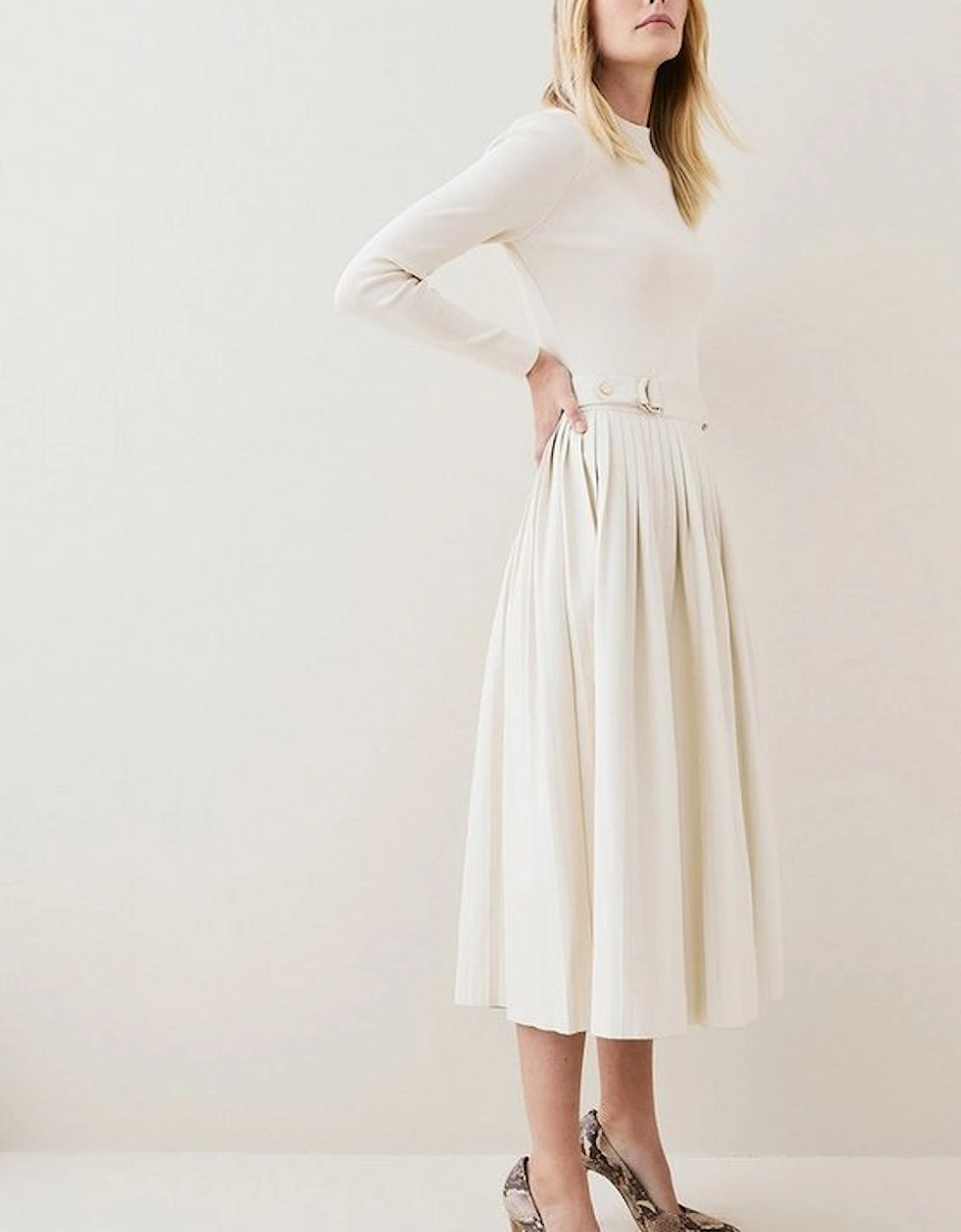 Petite Viscose Blend Knit Pu Pleated Skirt Maxi Dress, 5 of 4