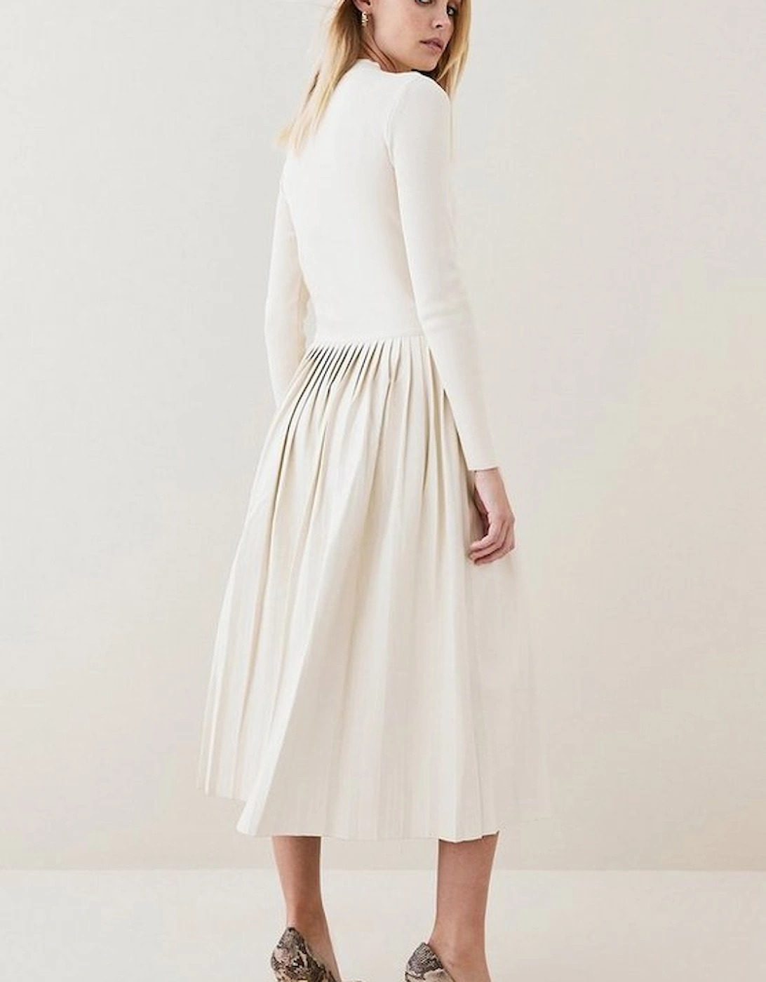 Petite Viscose Blend Knit Pu Pleated Skirt Maxi Dress