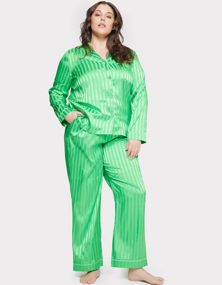 Curve Satin Stripe Button Up Pyjama Set - Green