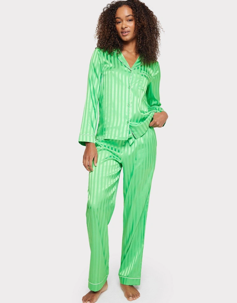 Satin Stripe Button Up Pyjama Set - Green