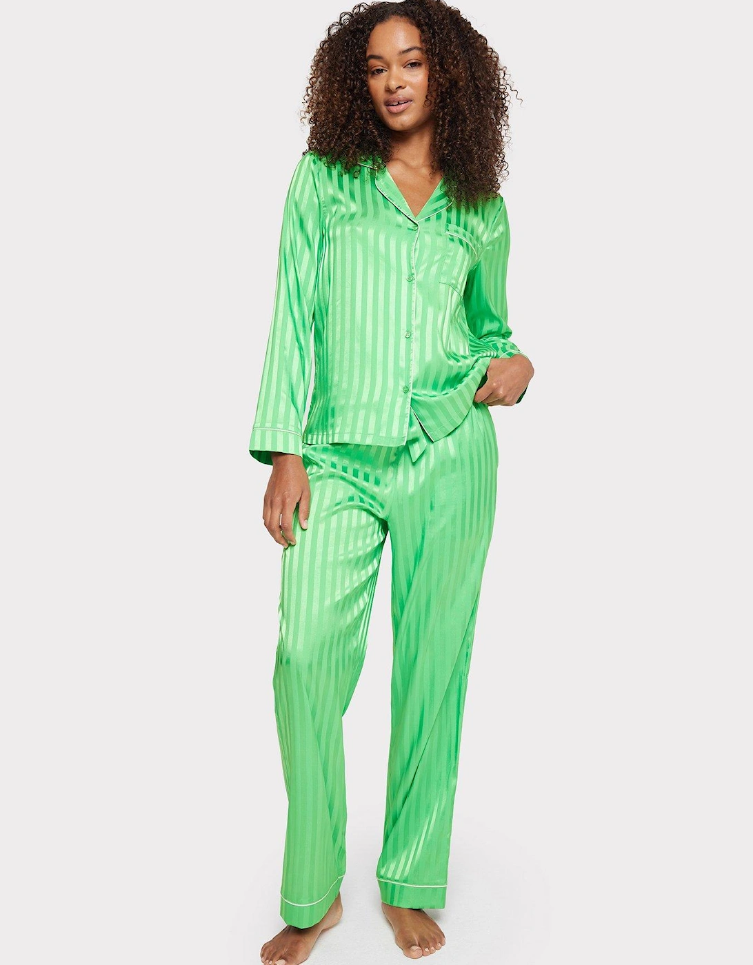 Satin Stripe Button Up Pyjama Set - Green, 2 of 1