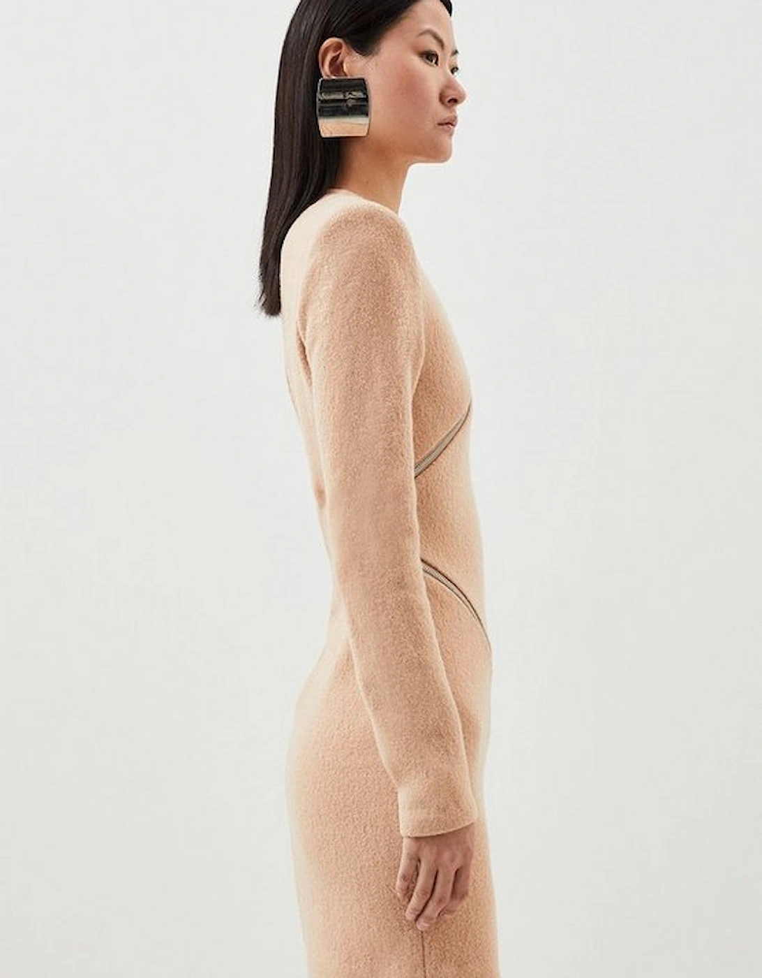 Premium 100% Washed Wool Knit Zip Detail Mini Dress