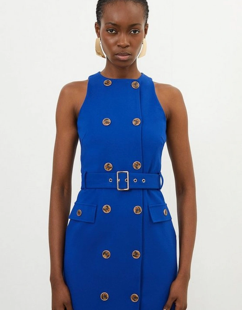 Ponte Button Detail Belted Midi Dress