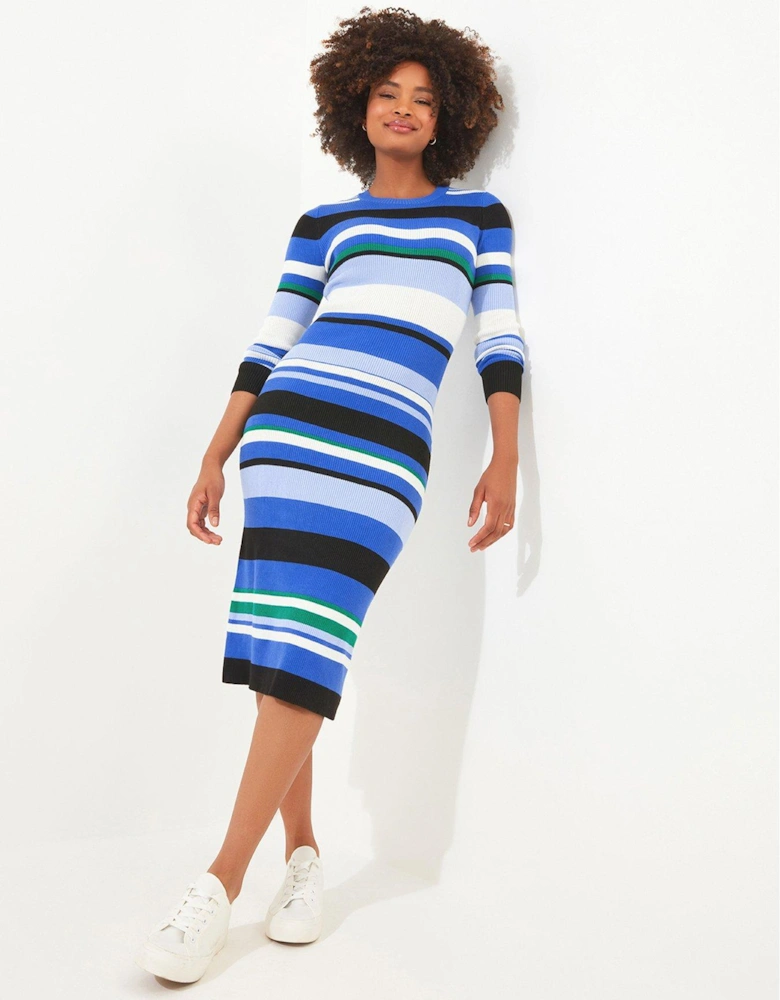 Striped Ribbed Knitted Dress - Blue
