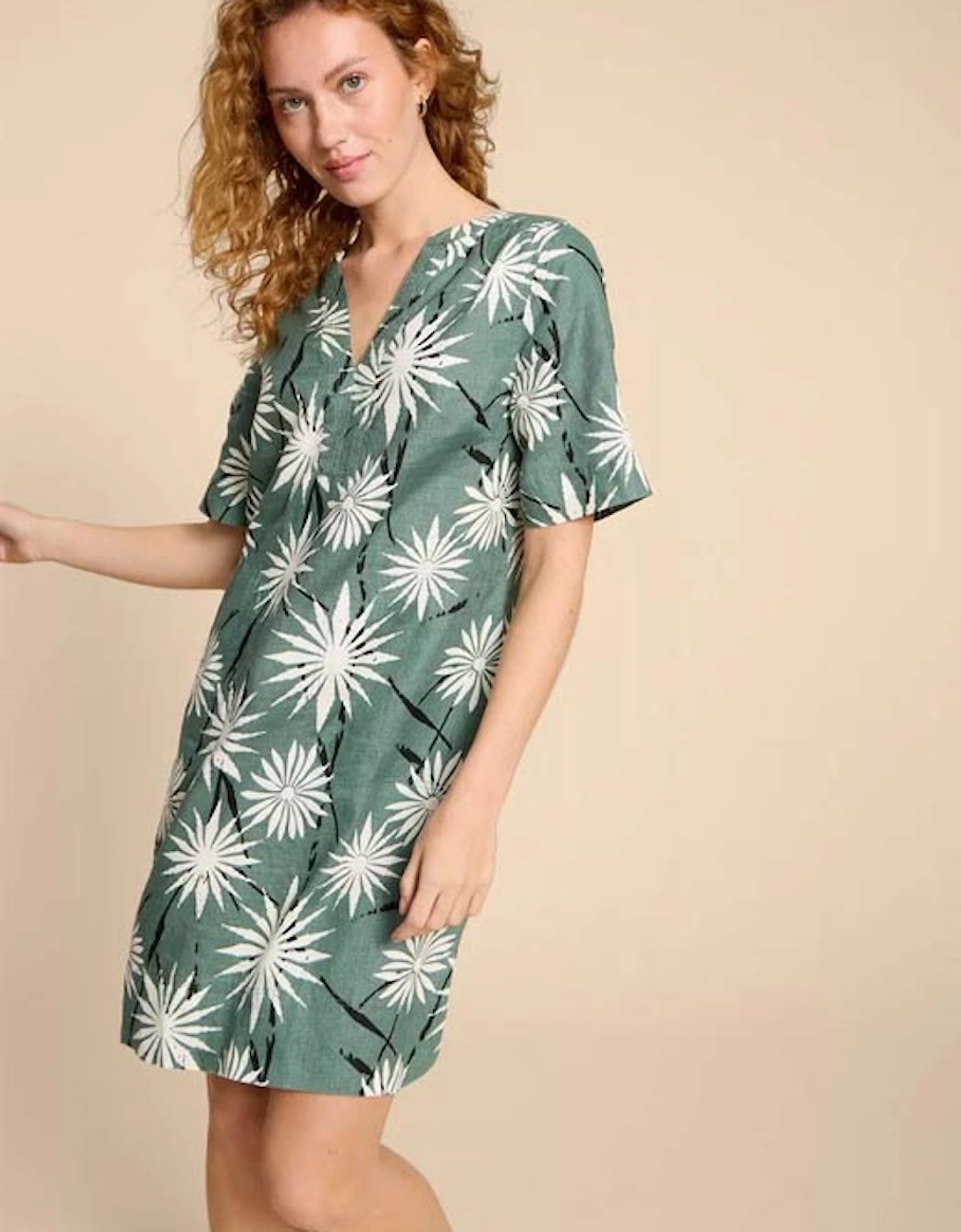 Women's June Linen Shift Dress Green Print