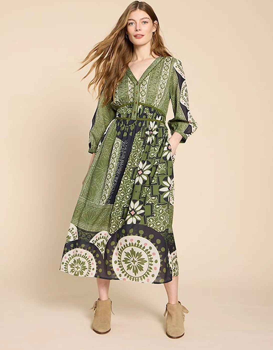 Women's Jenna Midi Dress Green Print, 7 of 6