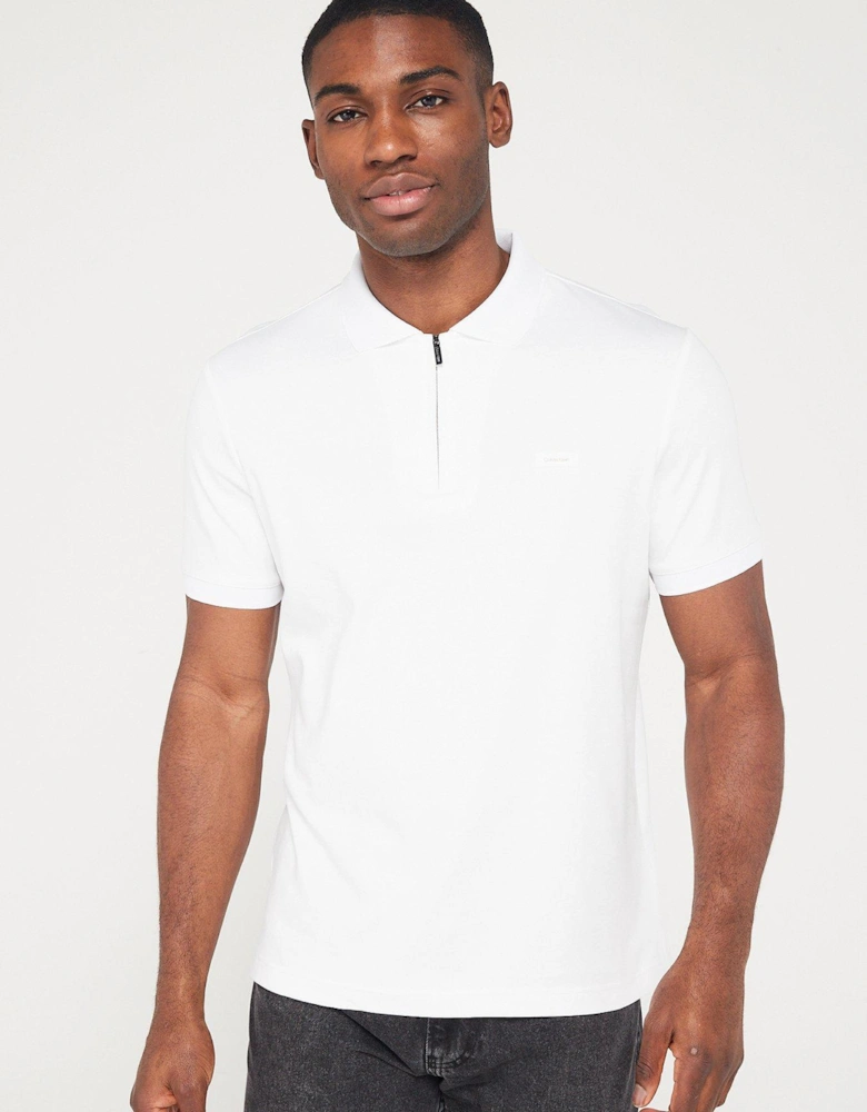 Smooth Cotton Welt Zip Polo Shirt - White