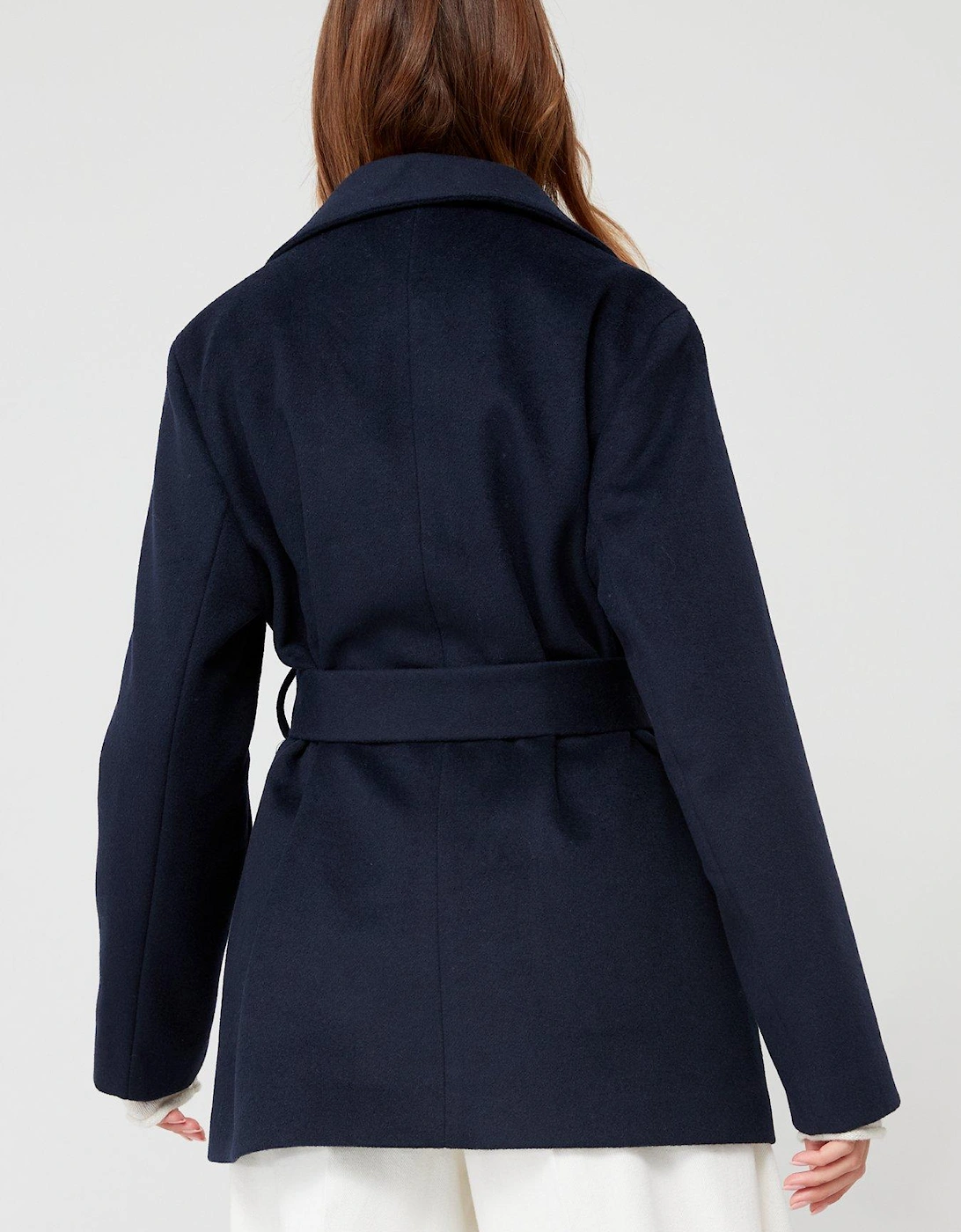 Wool Blend Double Breasted Funnel Neck Coat - Blue