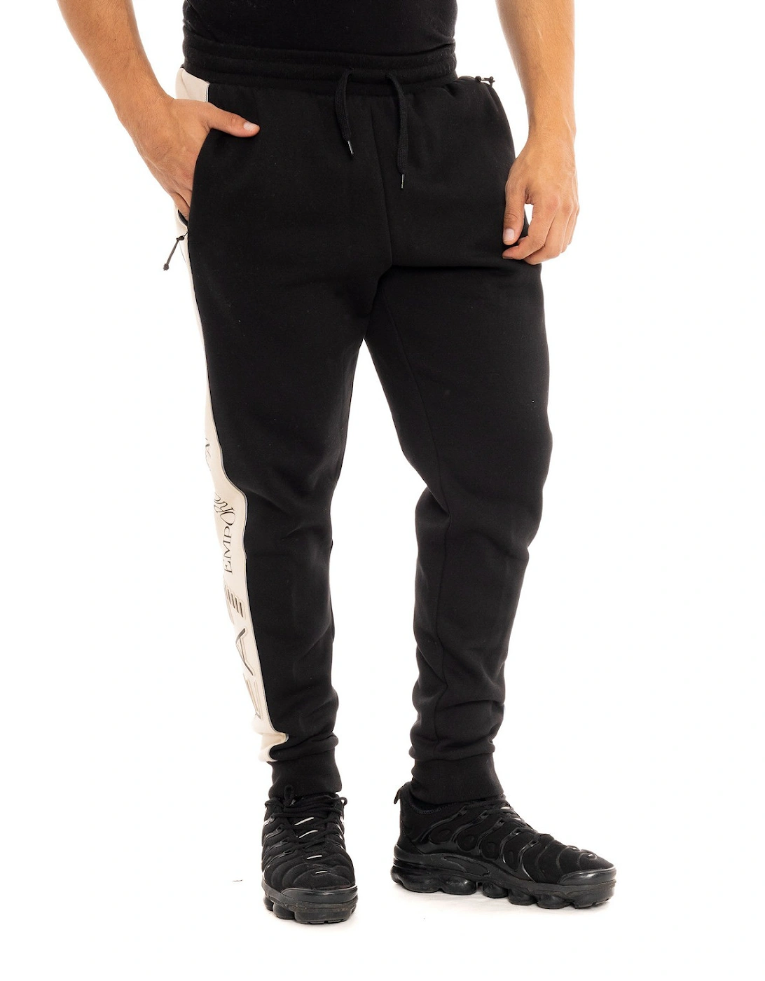 Mens Leg Panel Logo Joggers (Black/Beige)